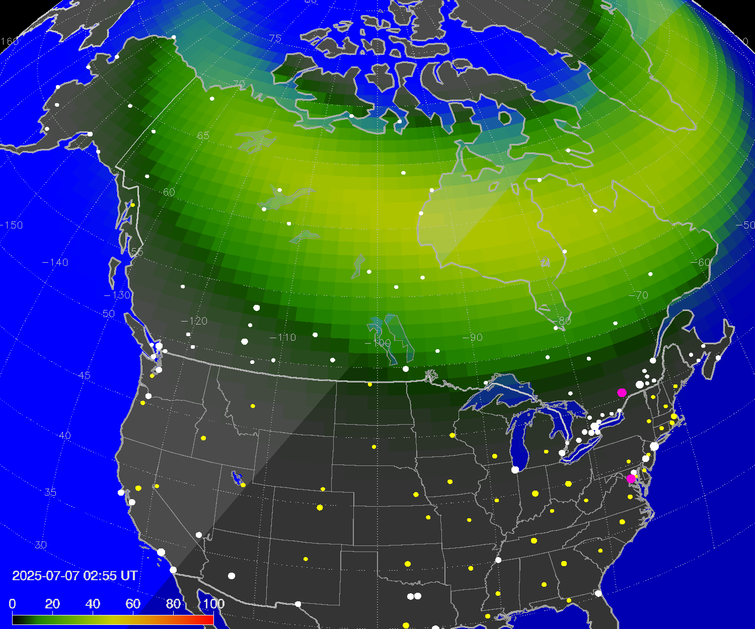 Northern lights (auroras) over North America