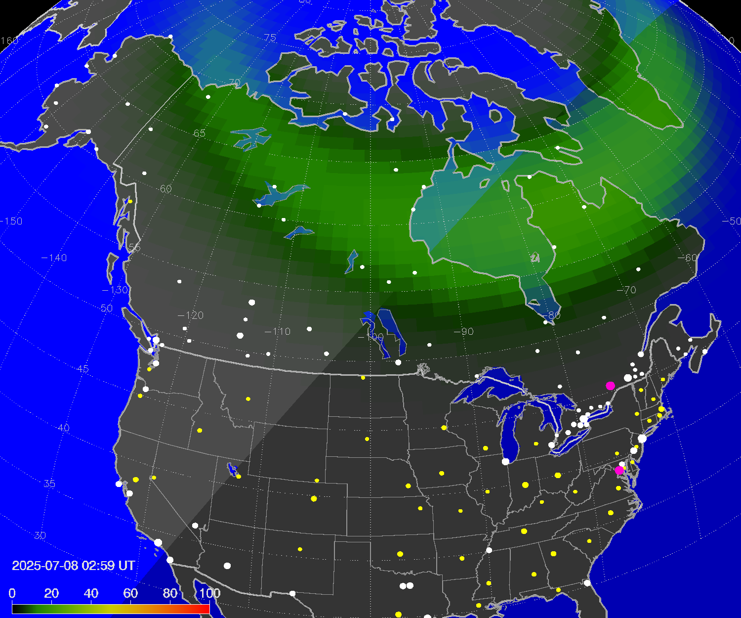 Northern lights (auroras) over North America