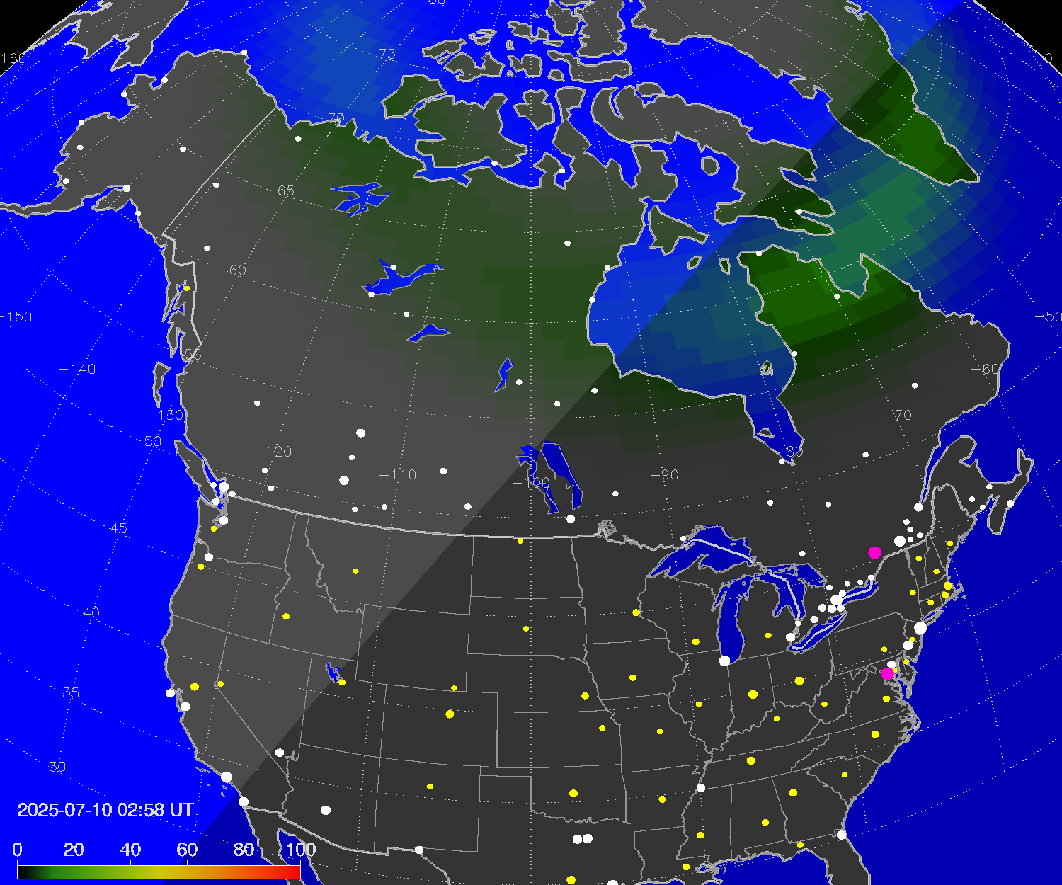 Northern lights (auroras) over North America