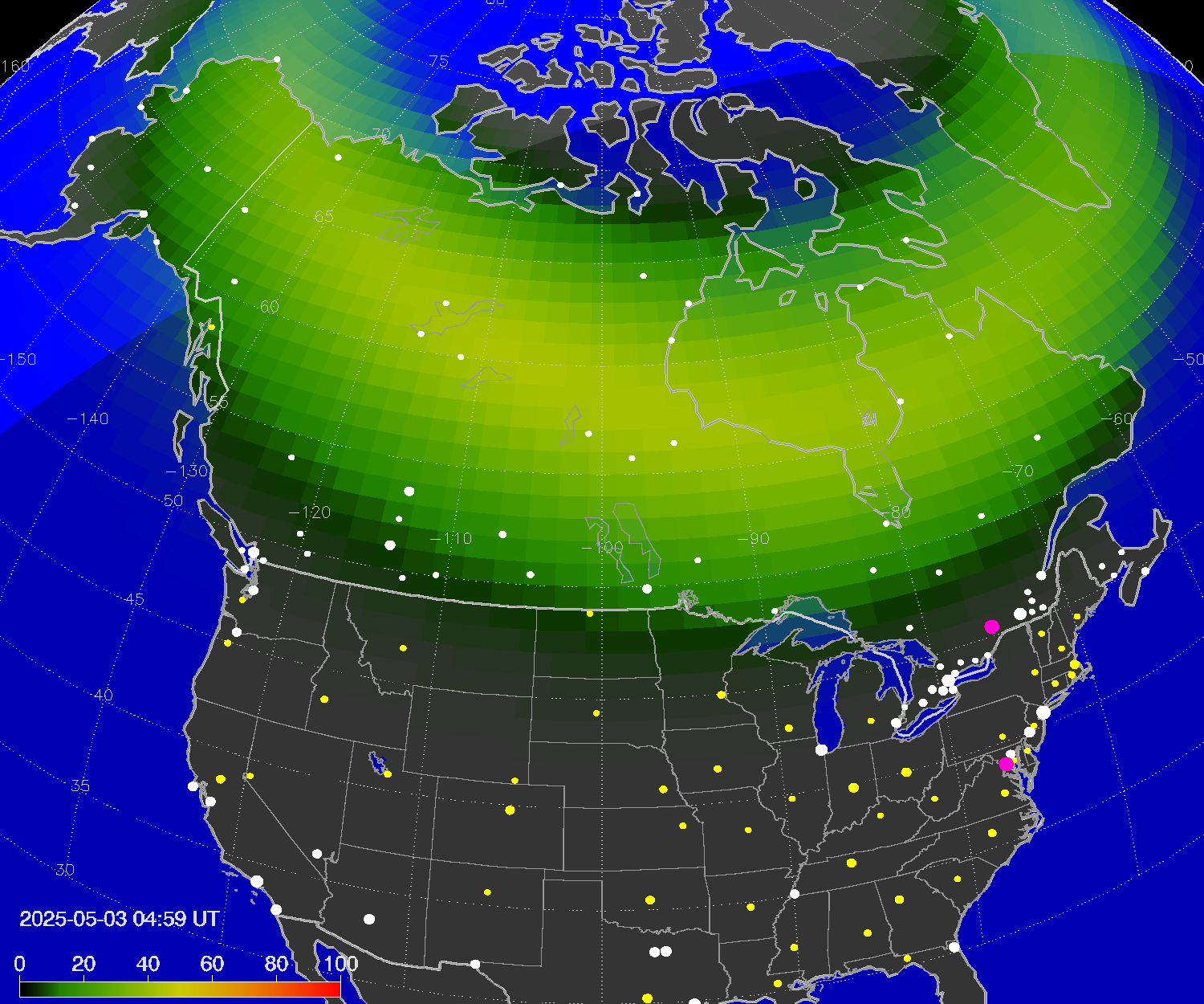 Northern lights (auroras) over North America