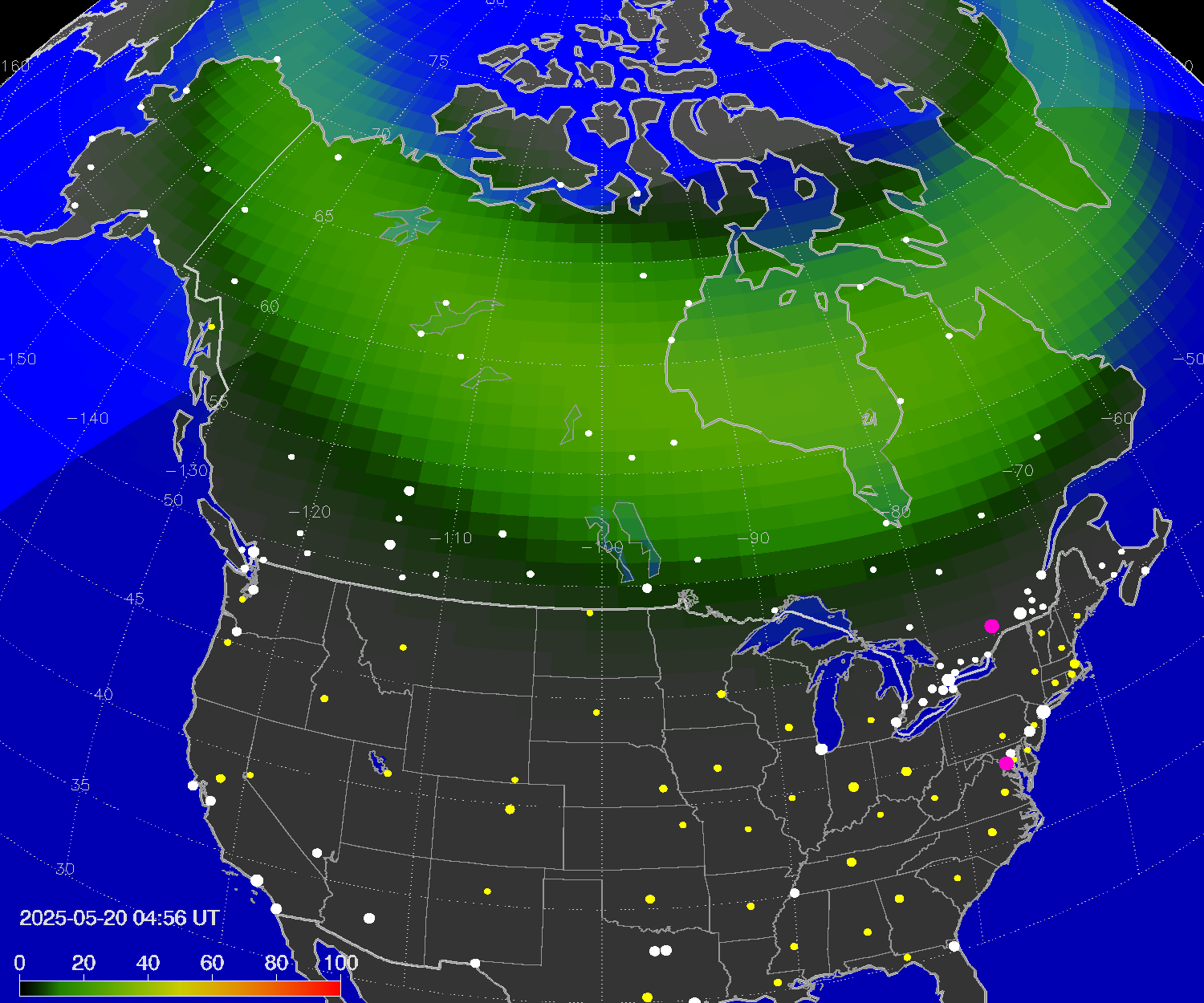 Northern lights (auroras) over North America