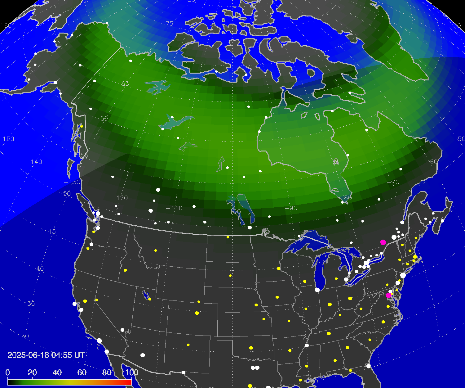 Northern lights (auroras) over North America