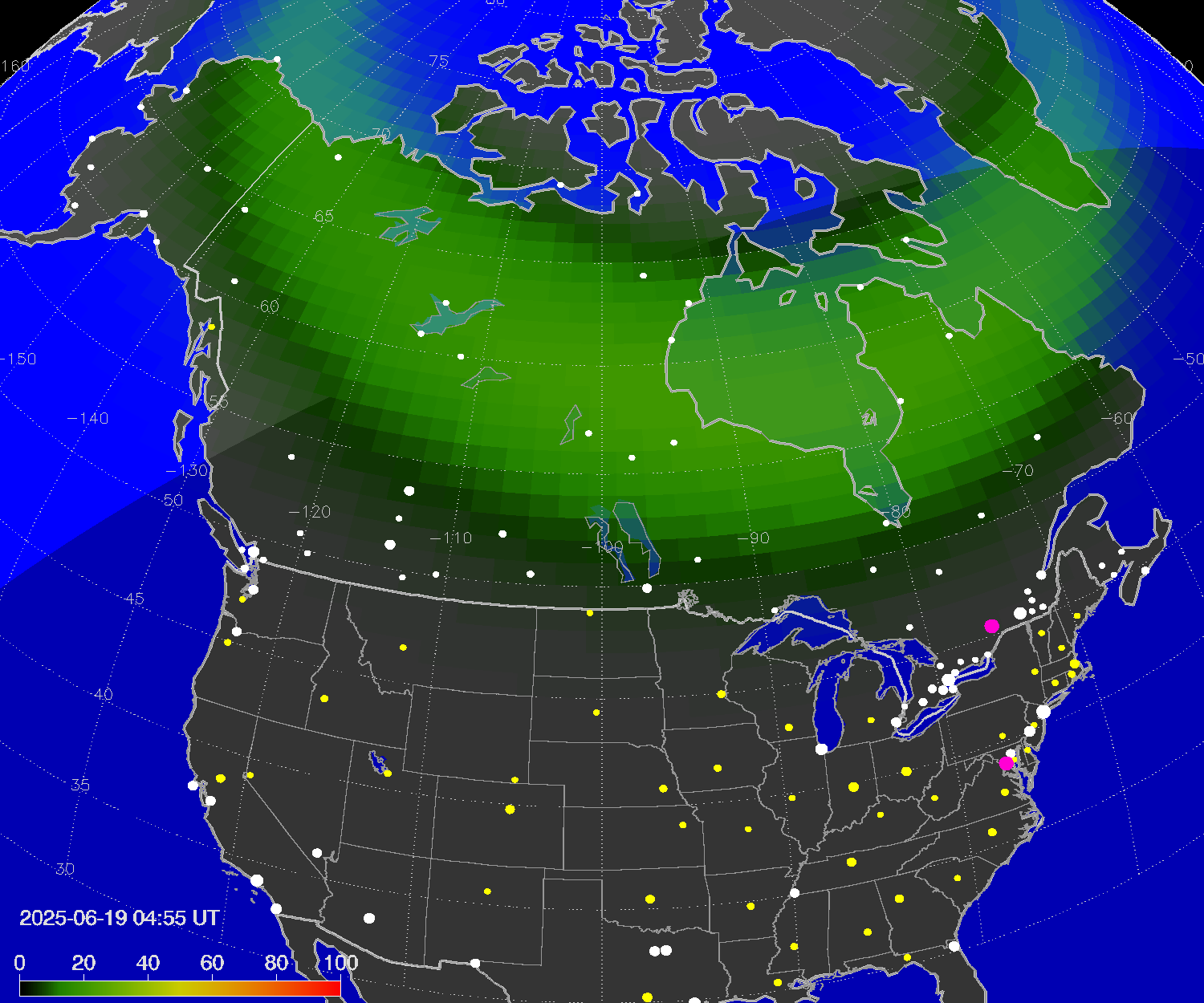 Northern lights (auroras) over North America