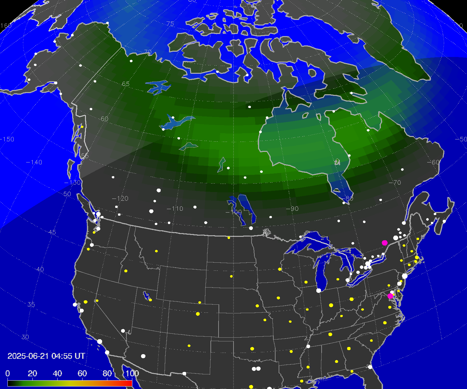 Northern lights (auroras) over North America