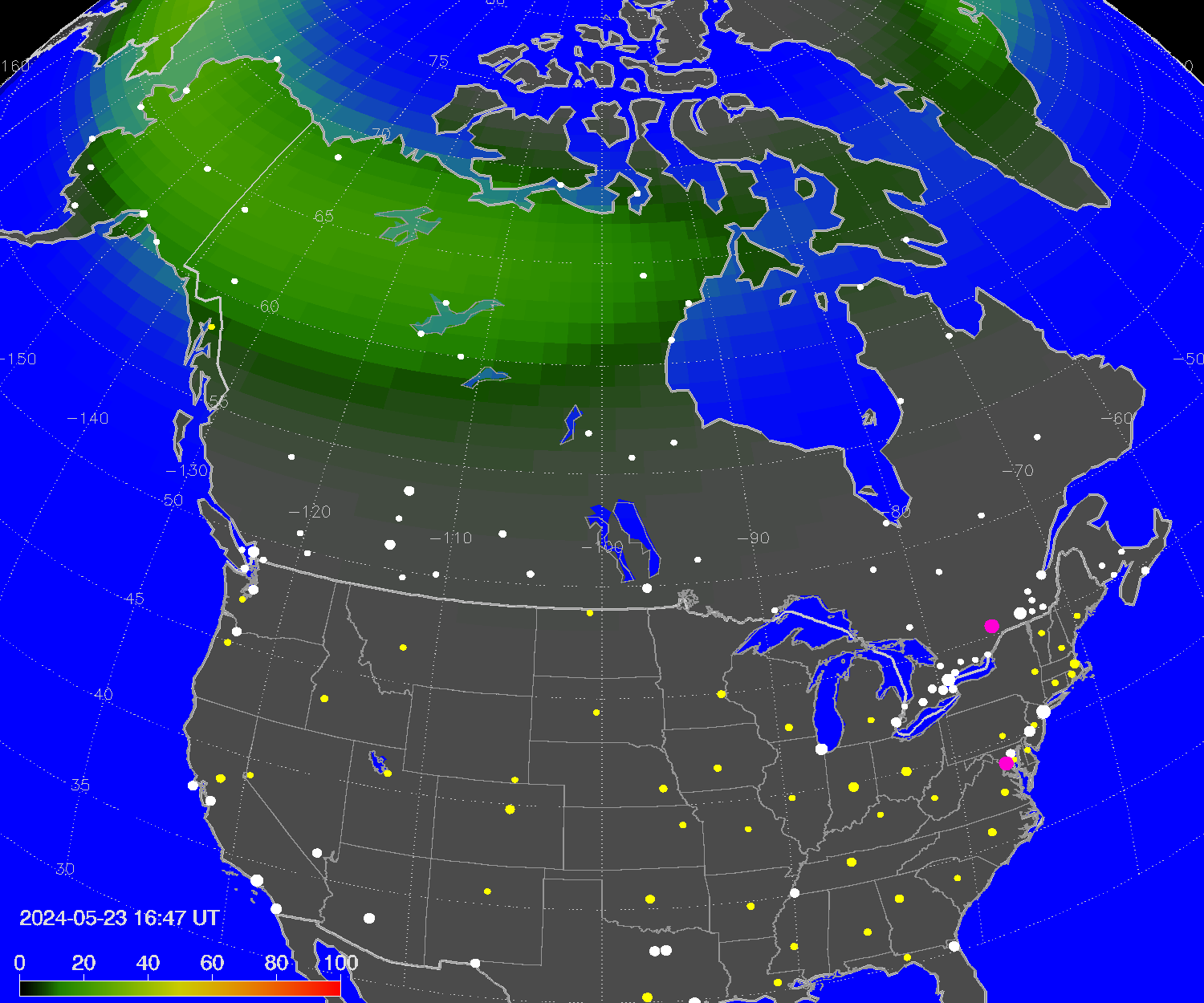 Northern lights (auroras) over North America
