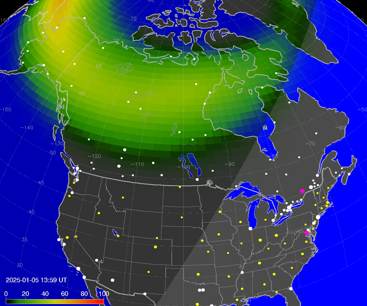 Northern lights (auroras) over North America