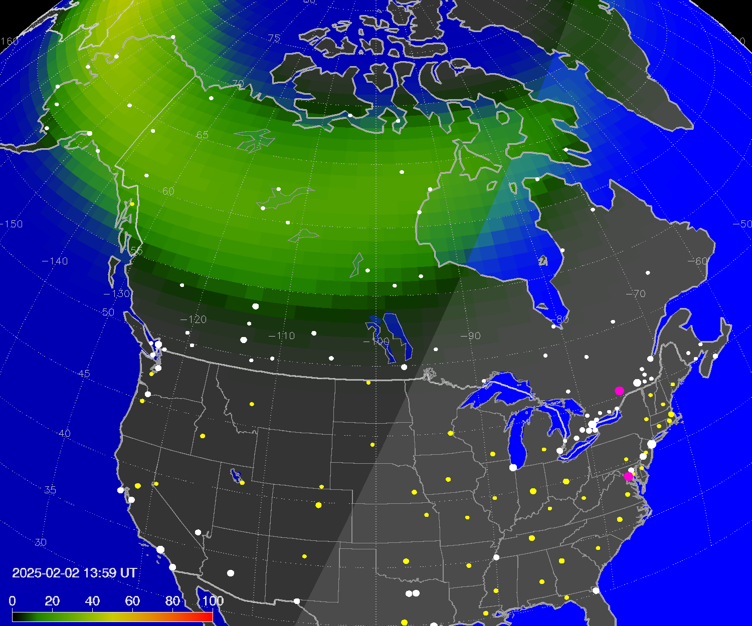 Northern lights (auroras) over North America