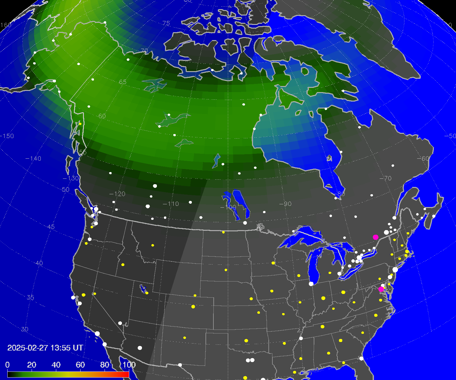 Northern lights (auroras) over North America