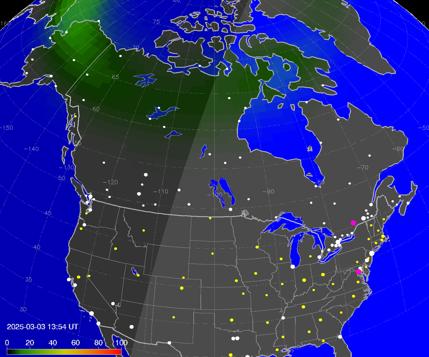 Northern lights (auroras) over North America
