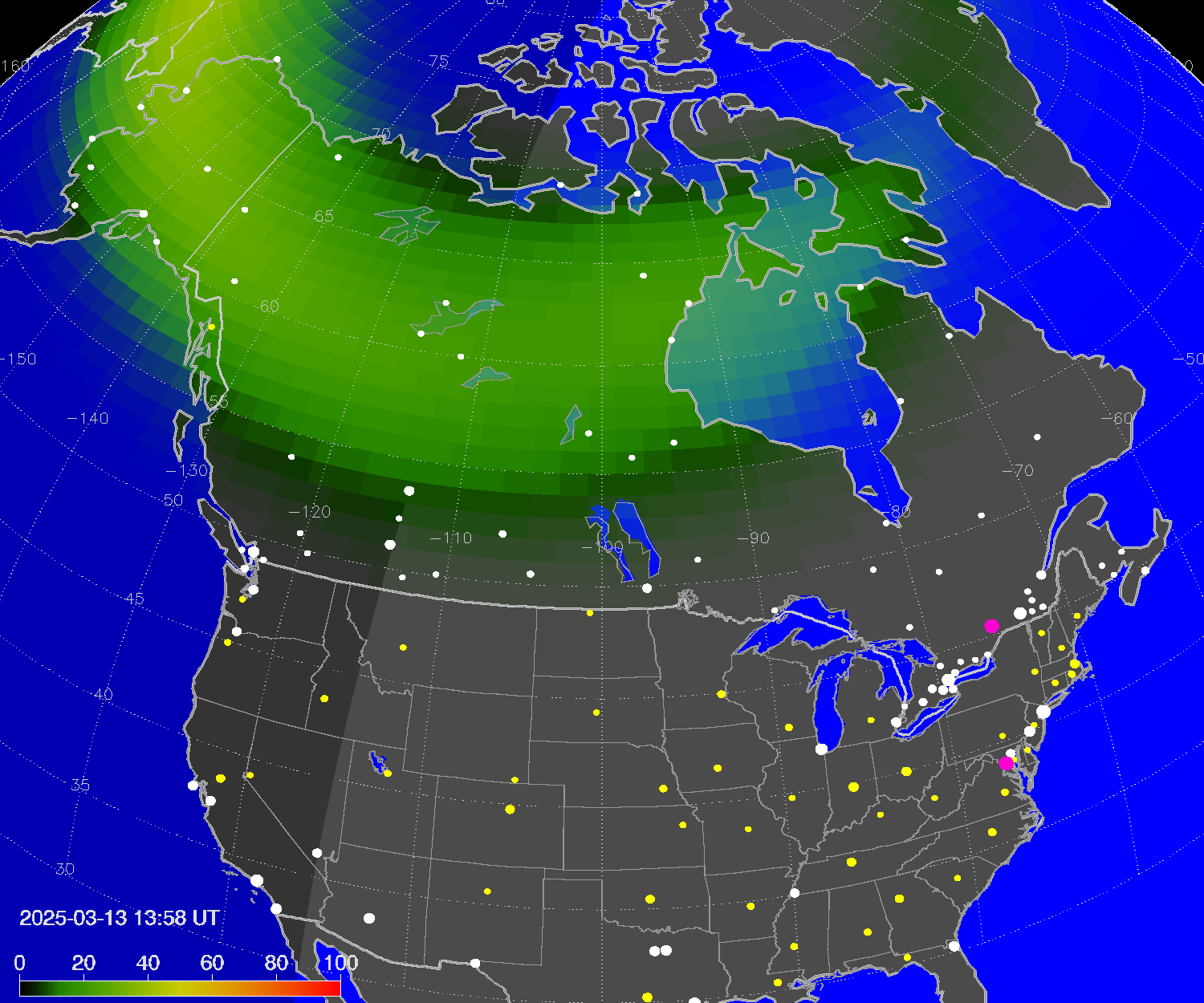 Northern lights (auroras) over North America