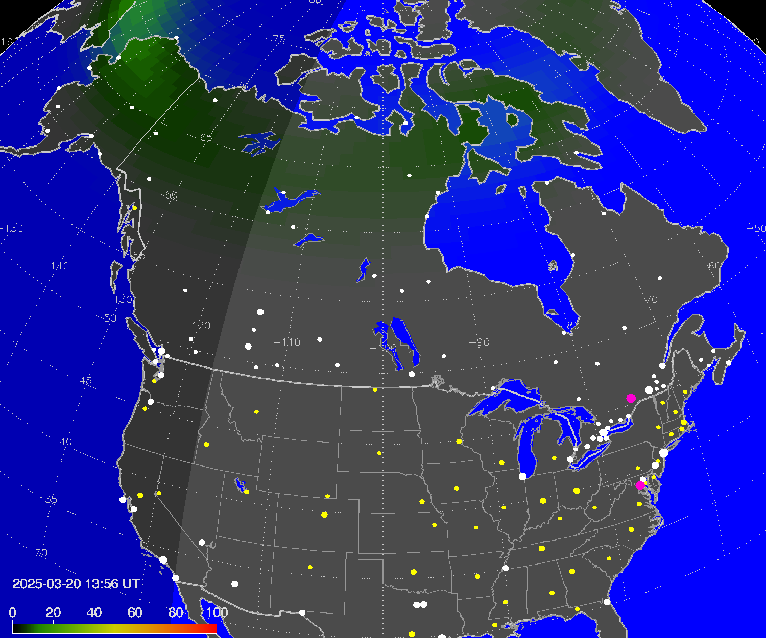 Northern lights (auroras) over North America