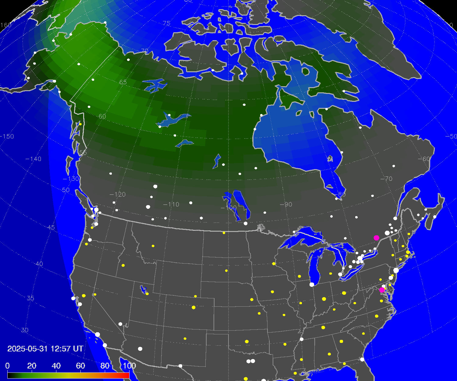 Northern lights (auroras) over North America