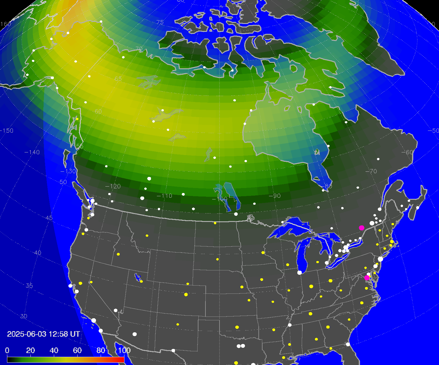 Northern lights (auroras) over North America