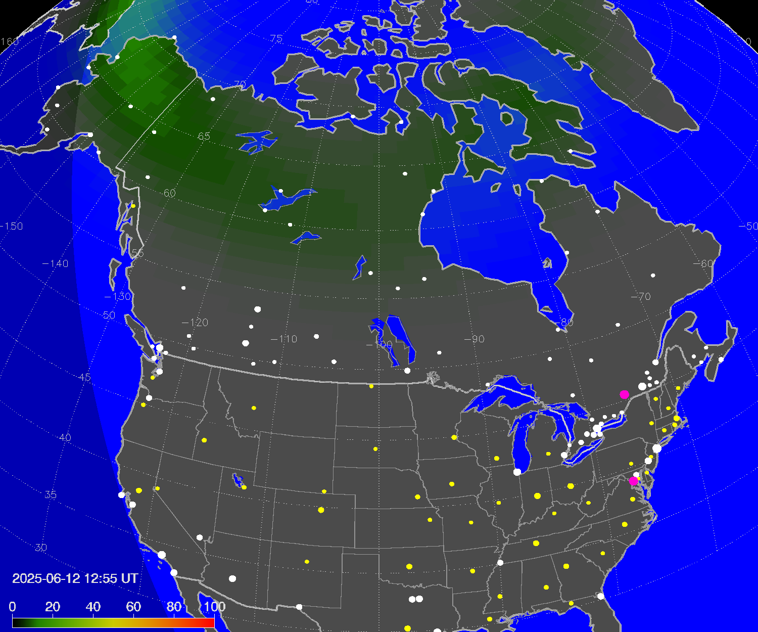 Northern lights (auroras) over North America