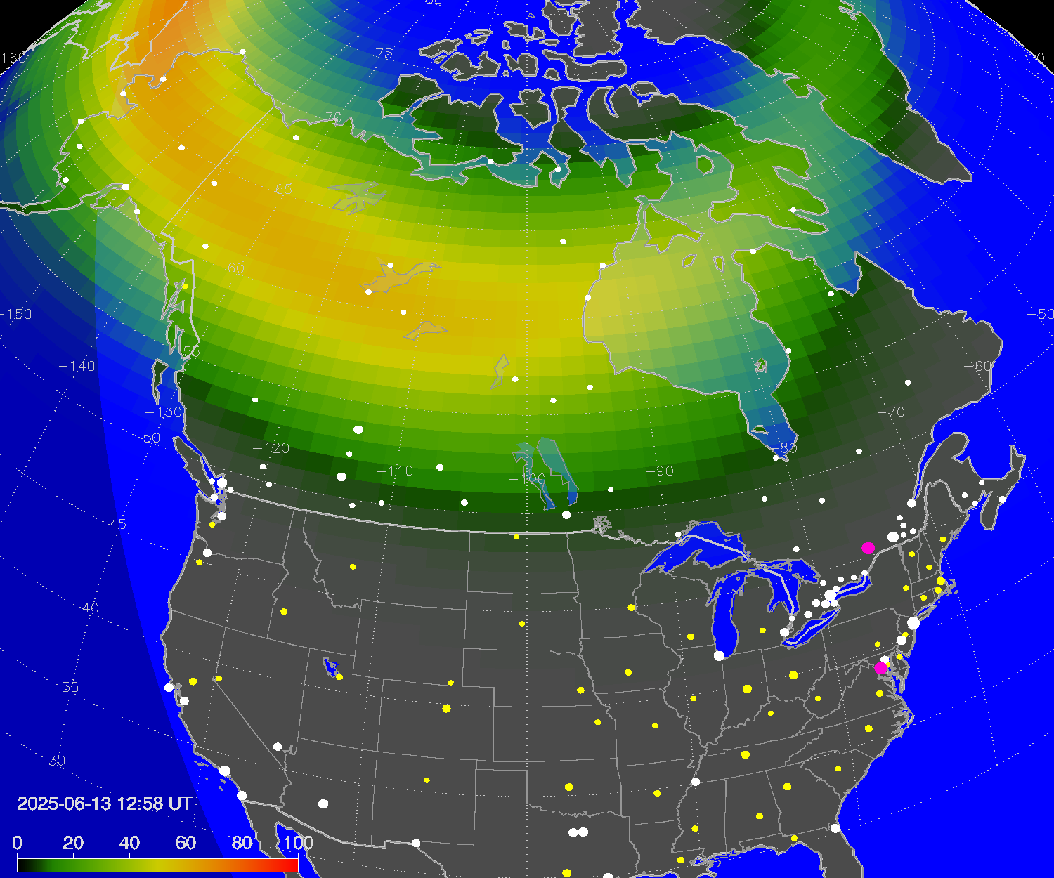 Northern lights (auroras) over North America