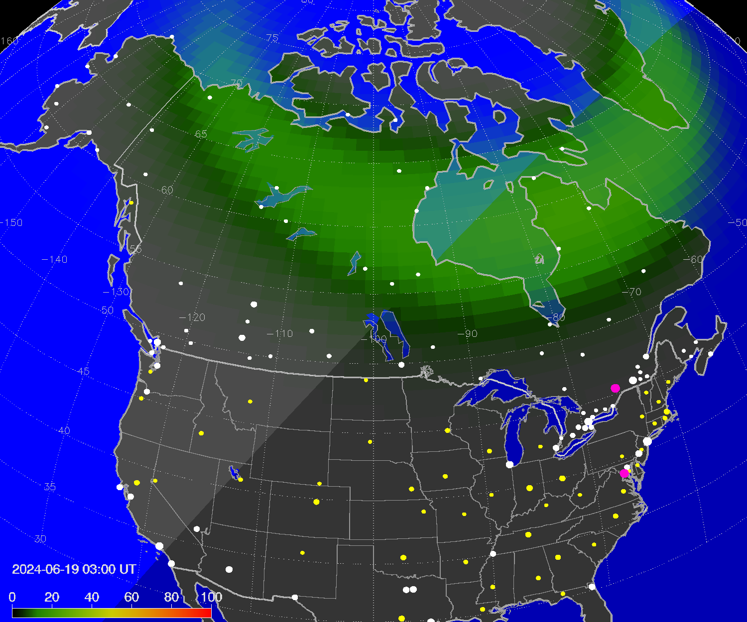 Northern lights (auroras) over North America