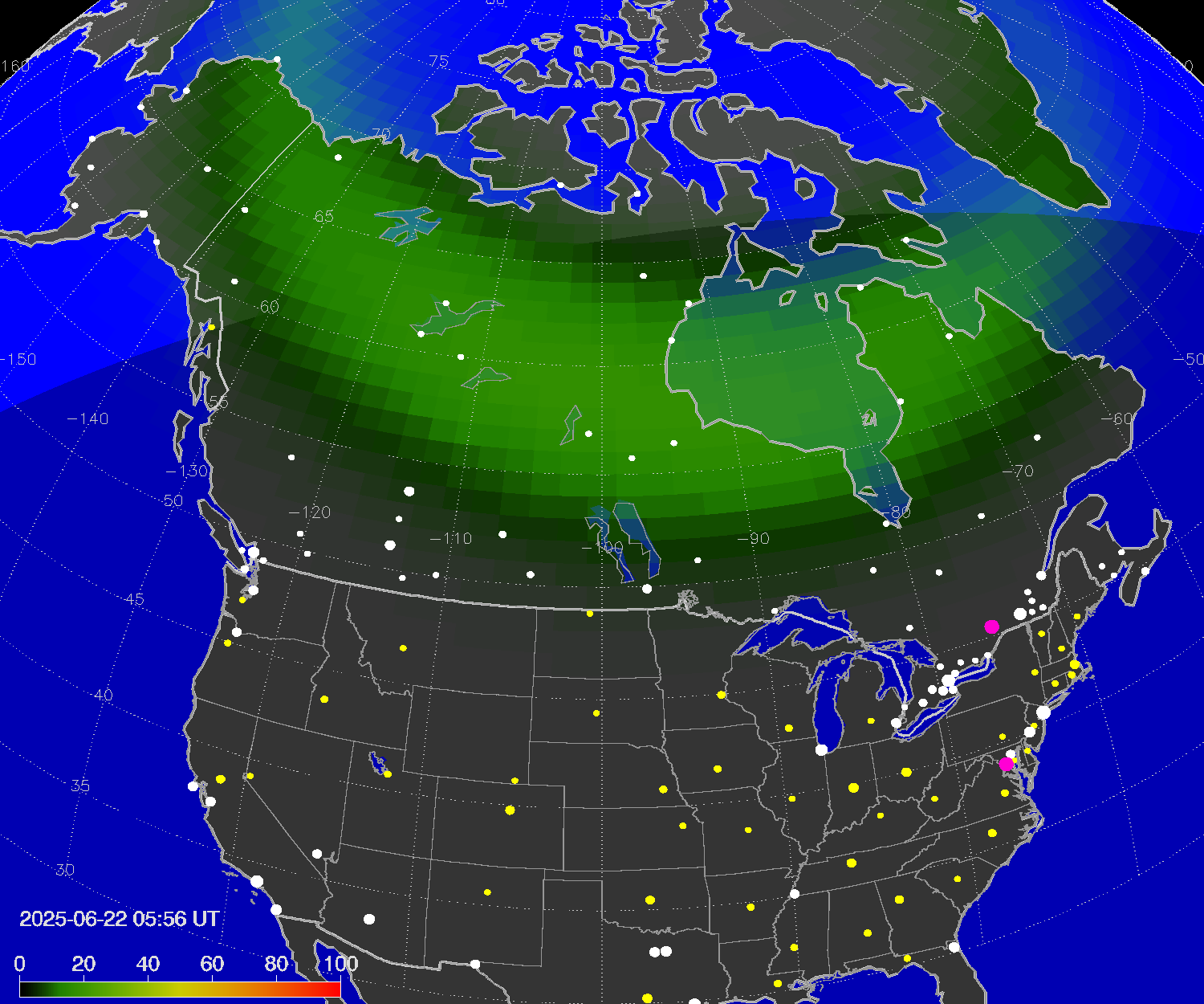 Northern lights (auroras) over North America