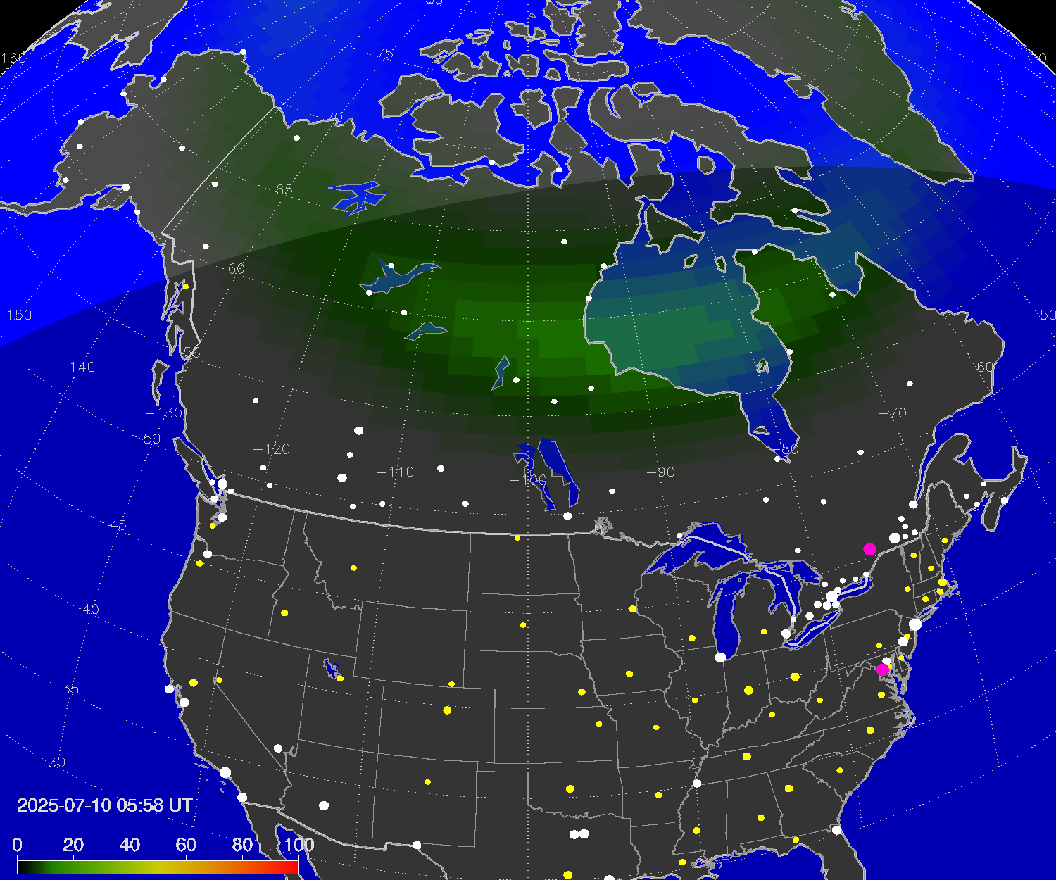 Northern lights (auroras) over North America