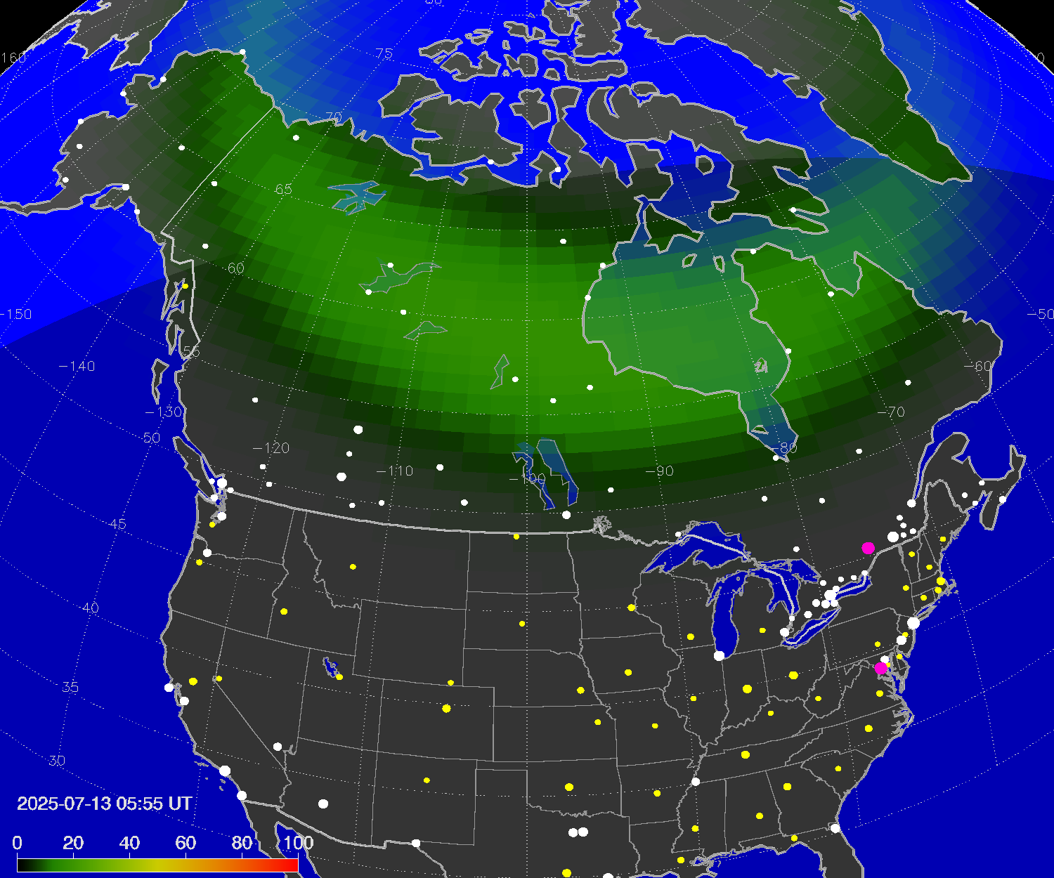 Northern lights (auroras) over North America