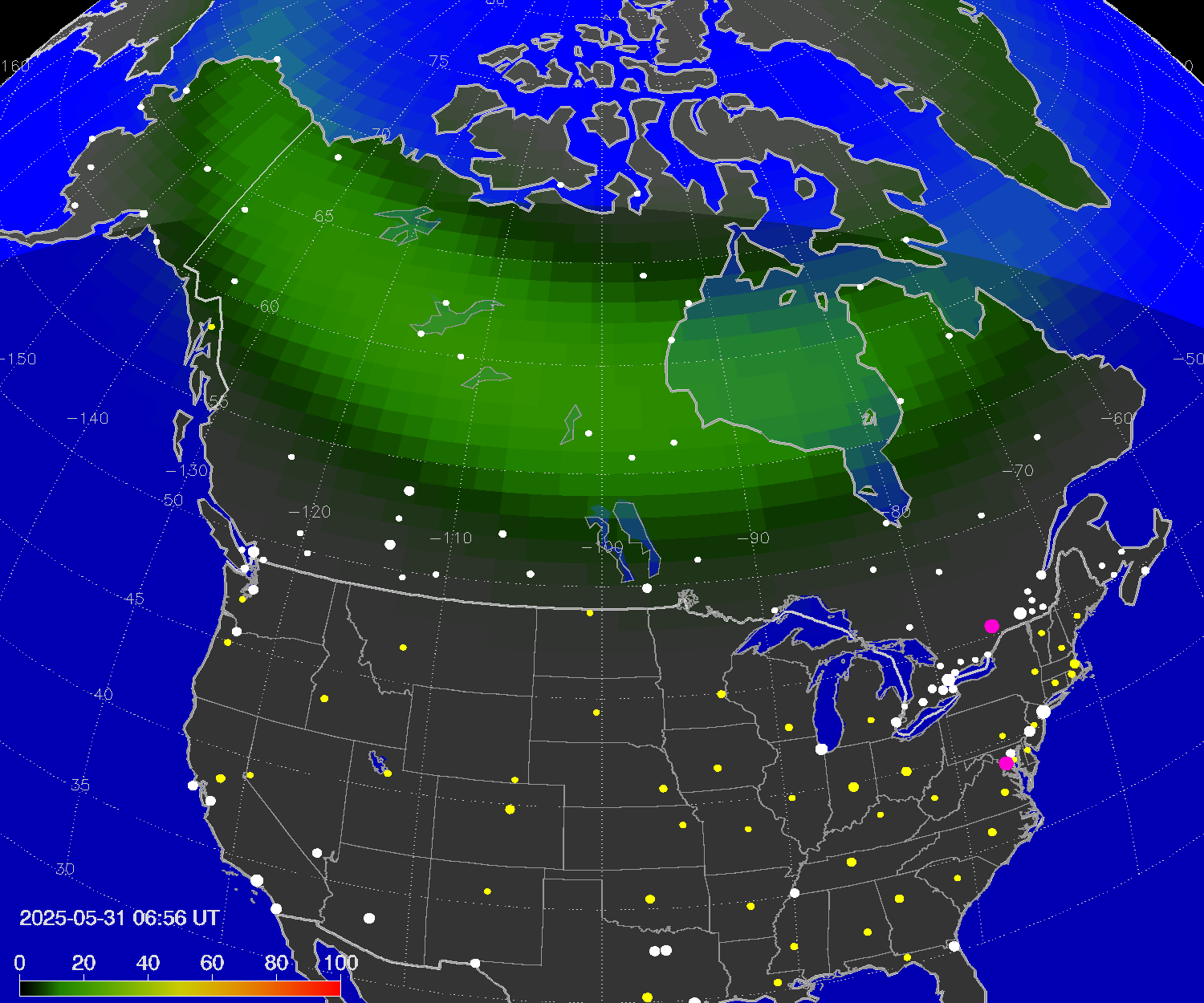 Northern lights (auroras) over North America