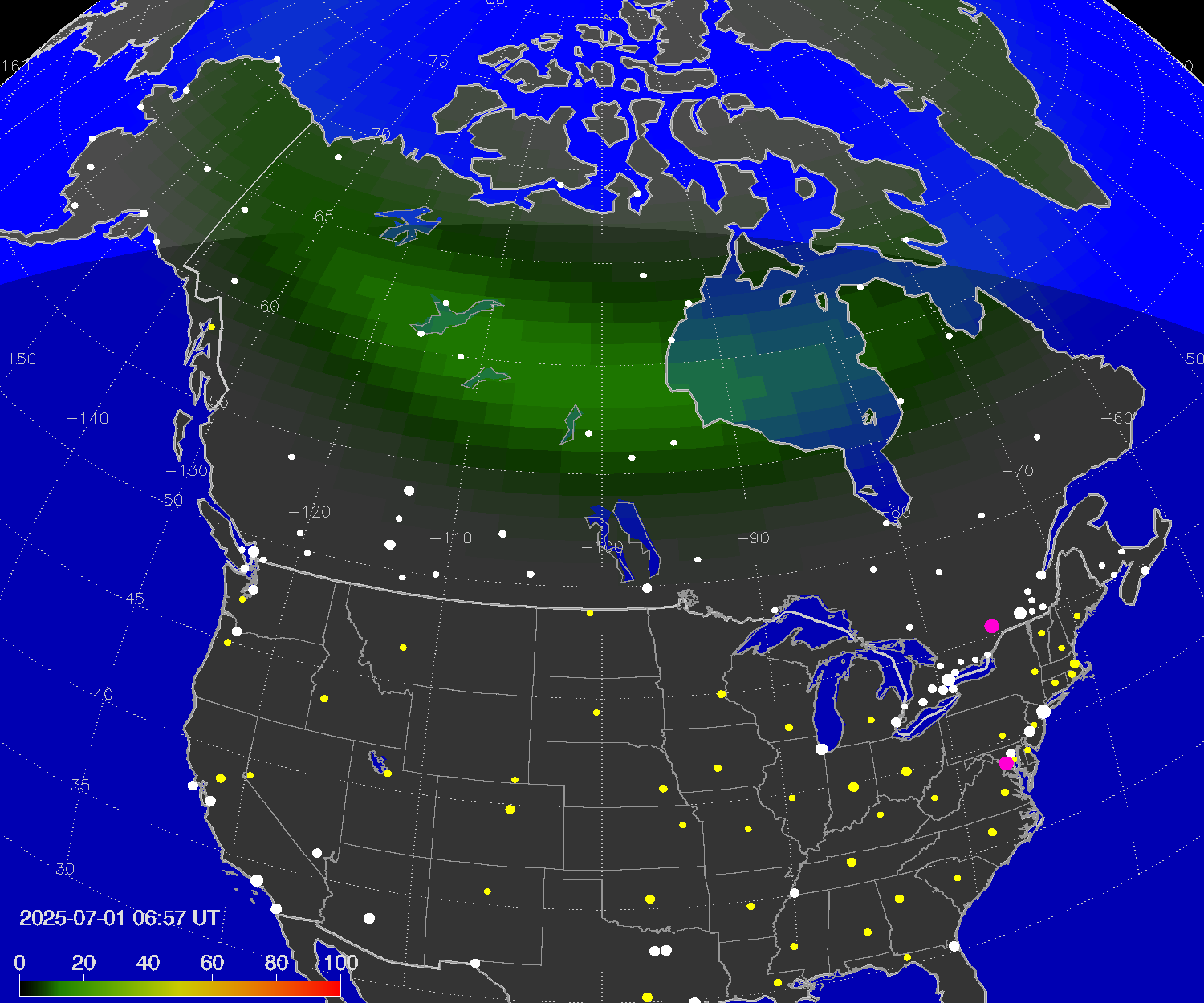 Northern lights (auroras) over North America