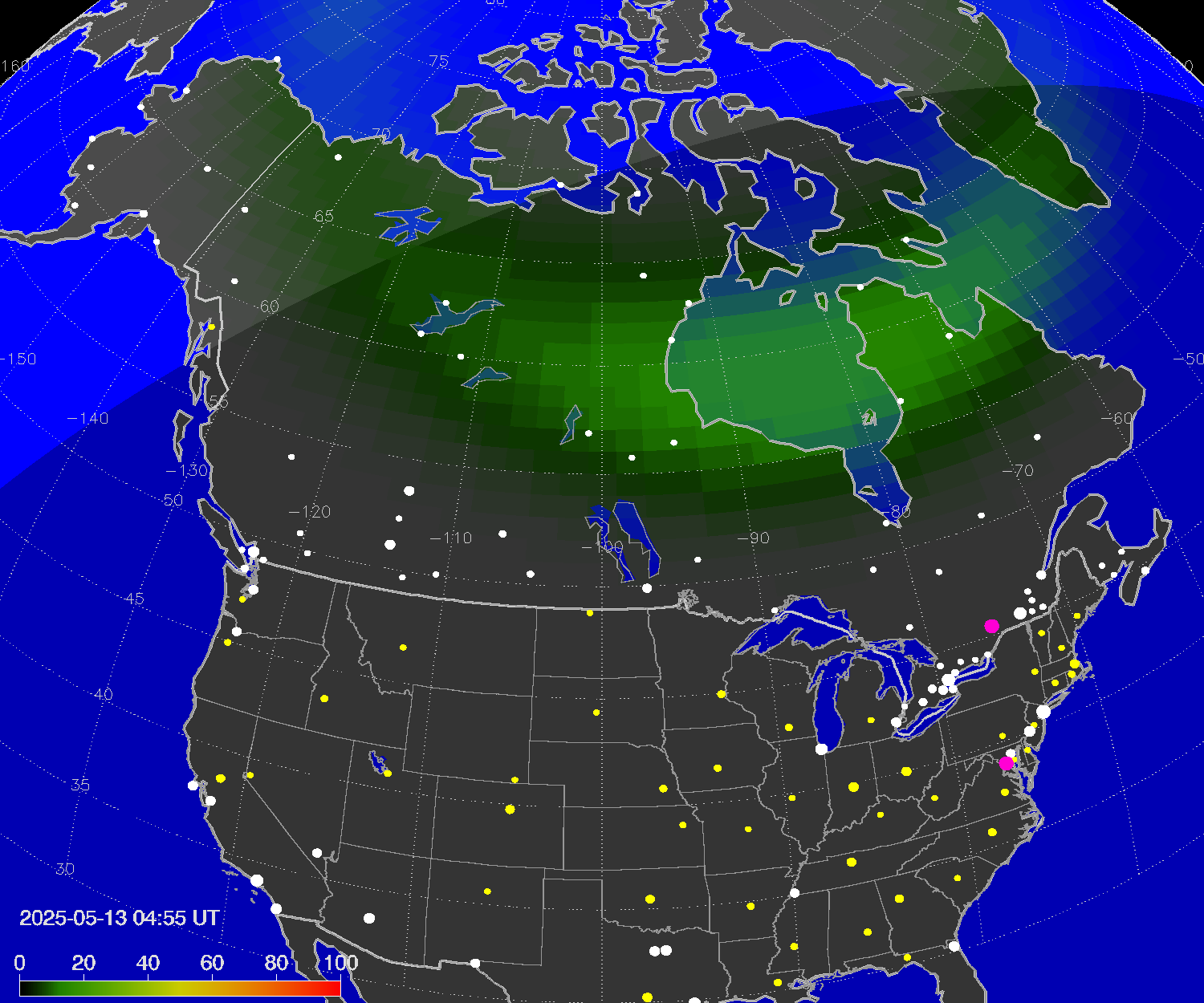 Northern lights (auroras) over North America