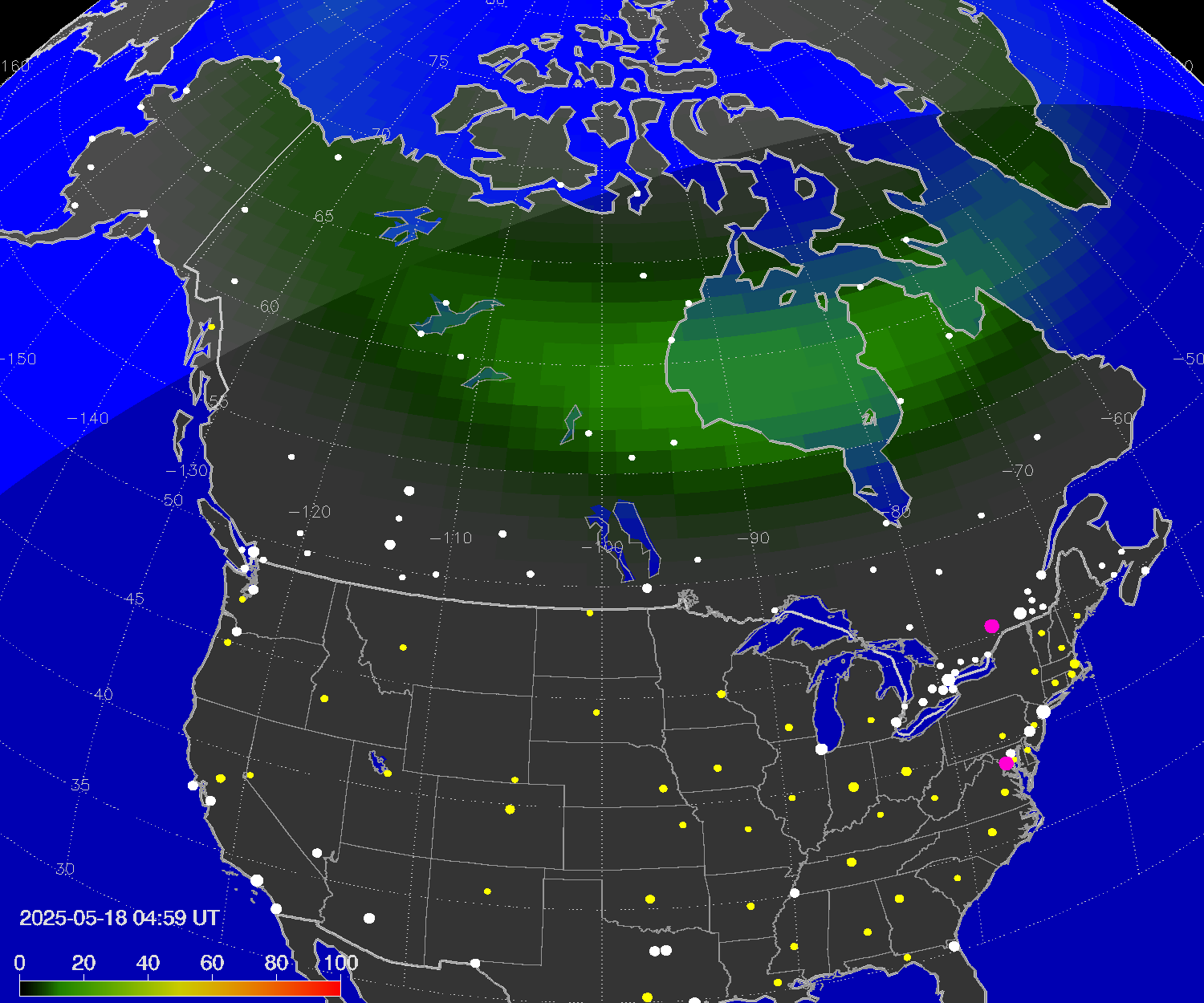 Northern lights (auroras) over North America