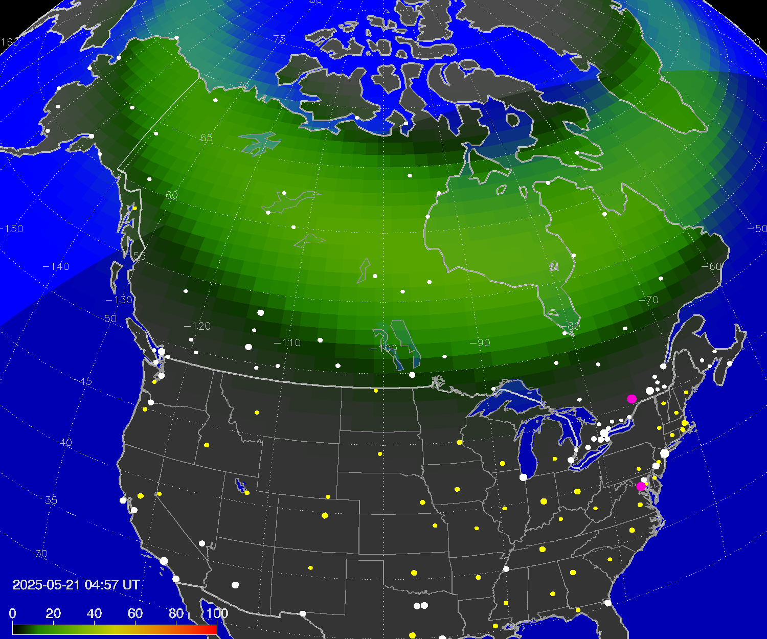 Northern lights (auroras) over North America