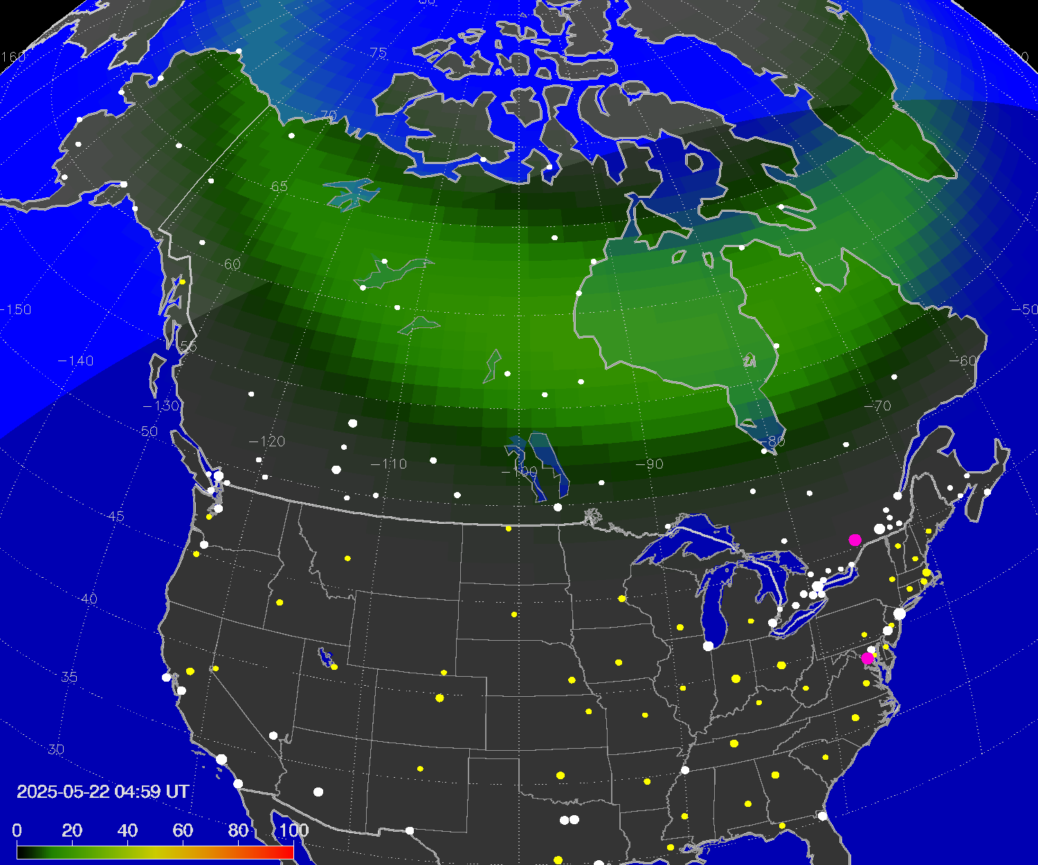 Northern lights (auroras) over North America