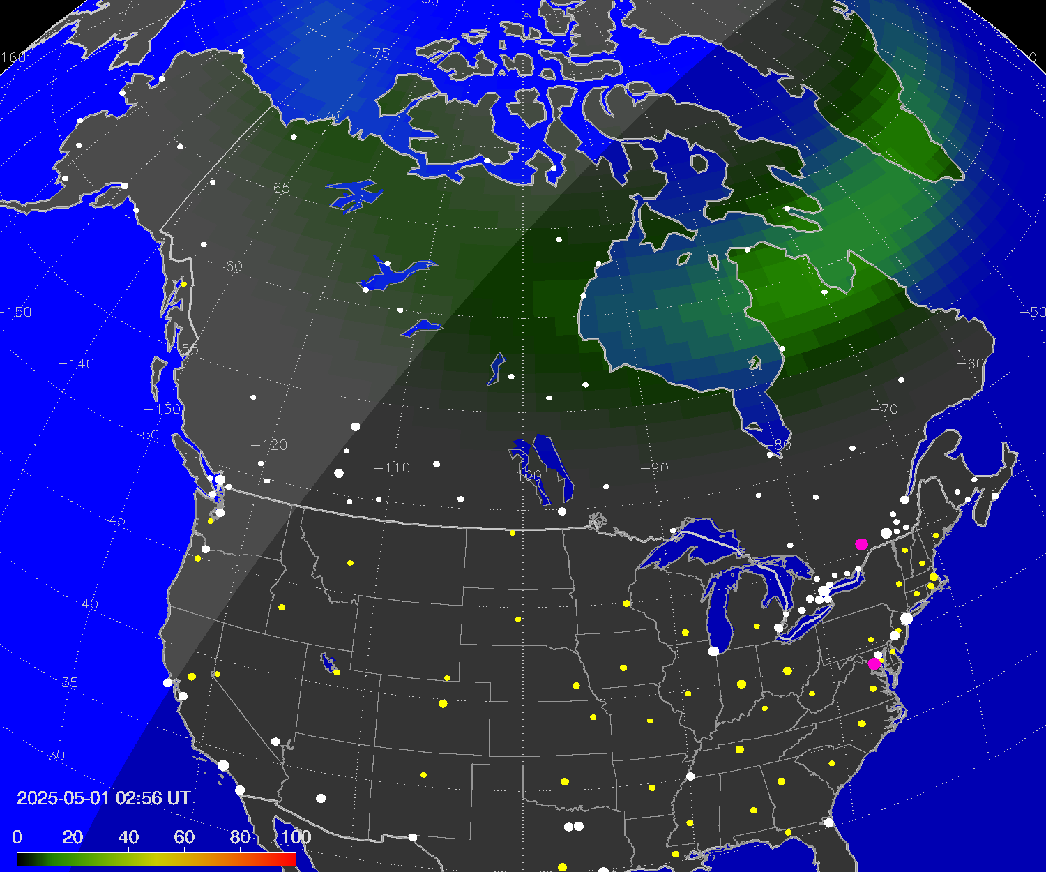 Northern lights (auroras) over North America