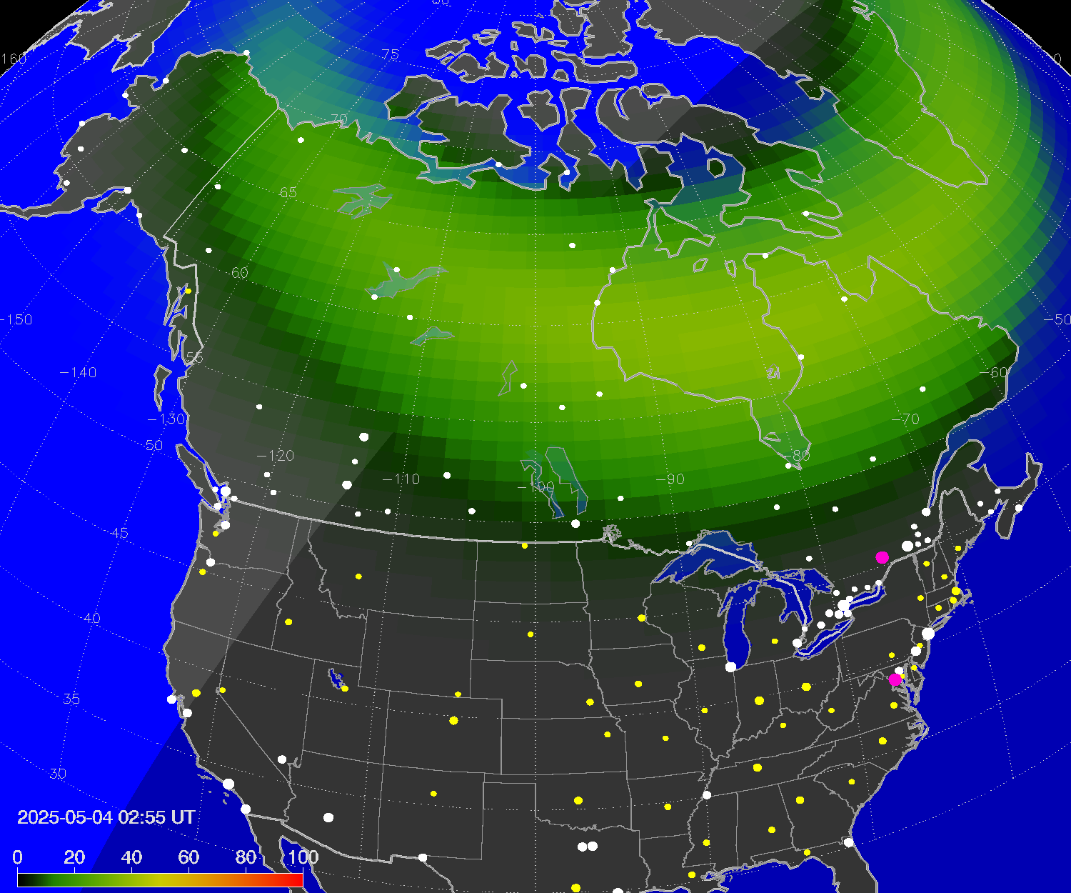 Northern lights (auroras) over North America