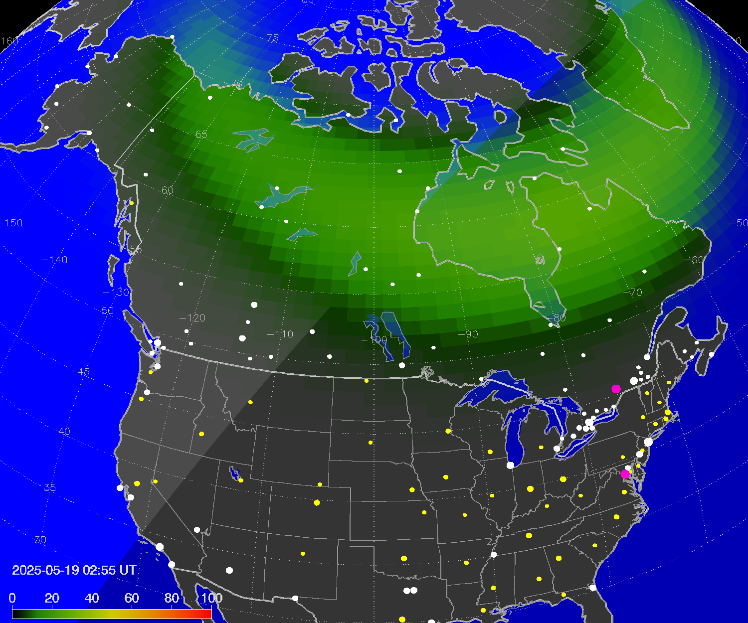 Northern lights (auroras) over North America