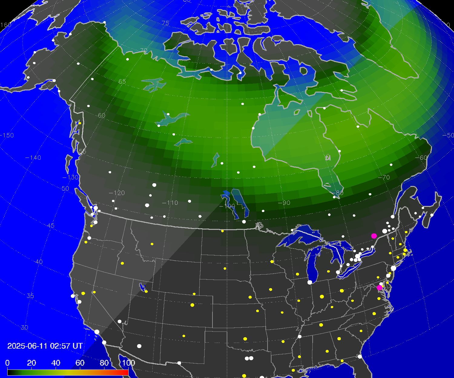 Northern lights (auroras) over North America