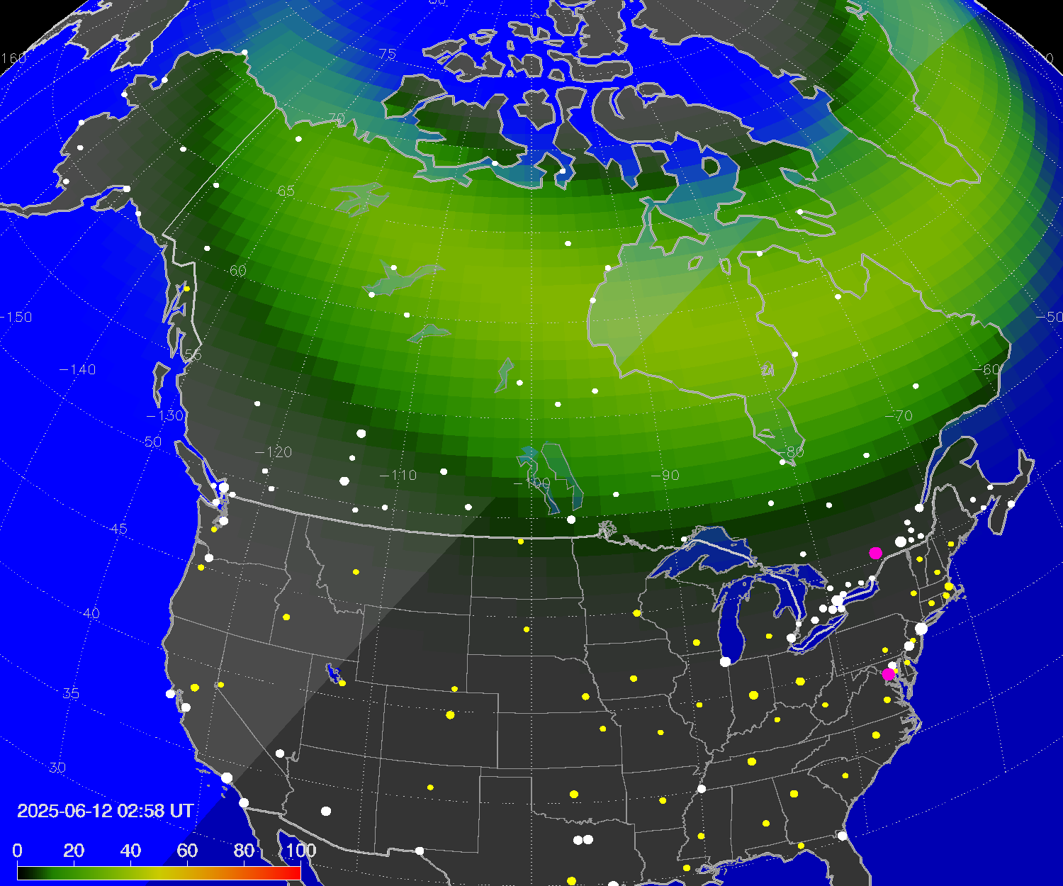 Northern lights (auroras) over North America