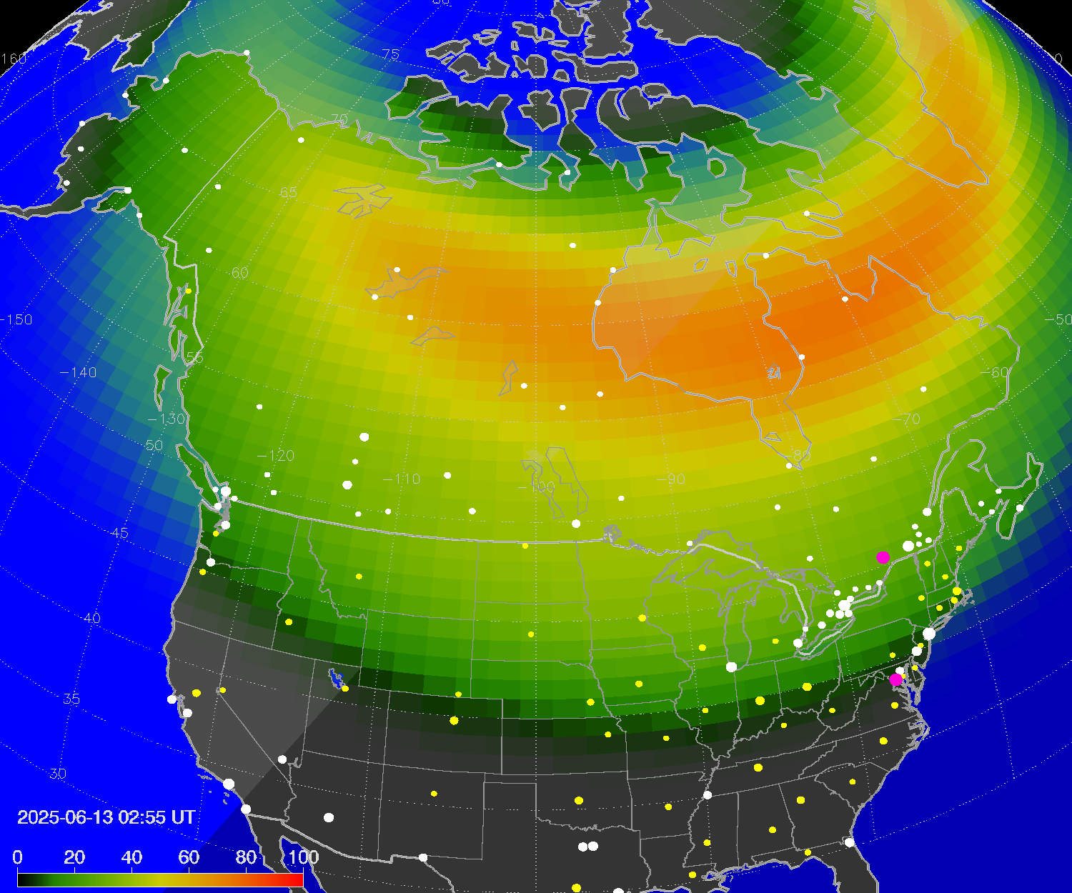 Northern lights (auroras) over North America