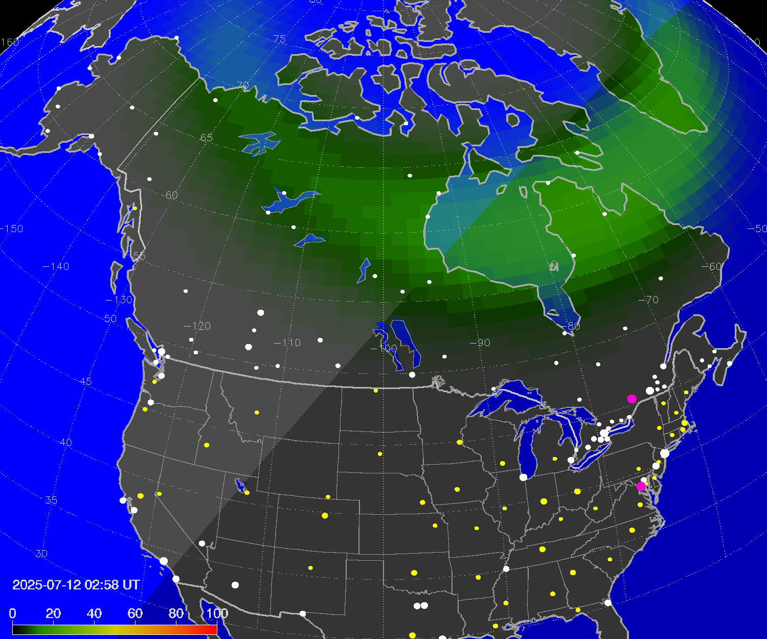 Northern lights (auroras) over North America