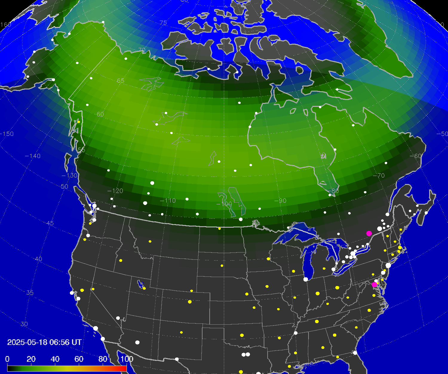 Northern lights (auroras) over North America