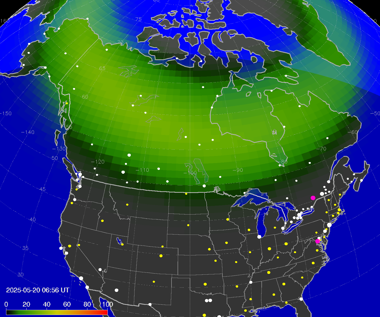 Northern lights (auroras) over North America
