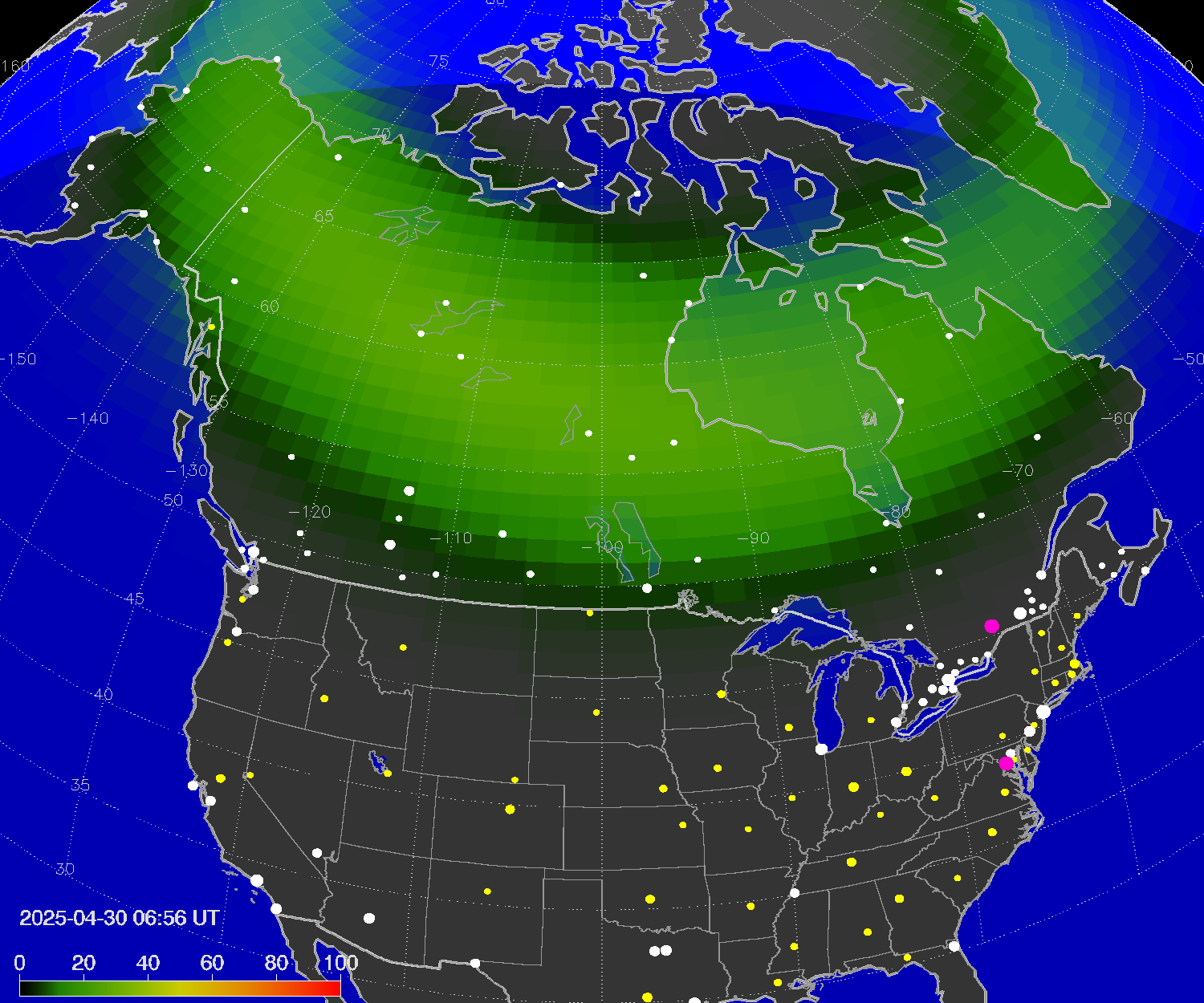 Northern lights (auroras) over North America