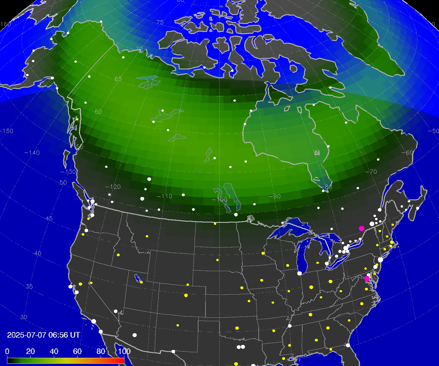 Northern lights (auroras) over North America