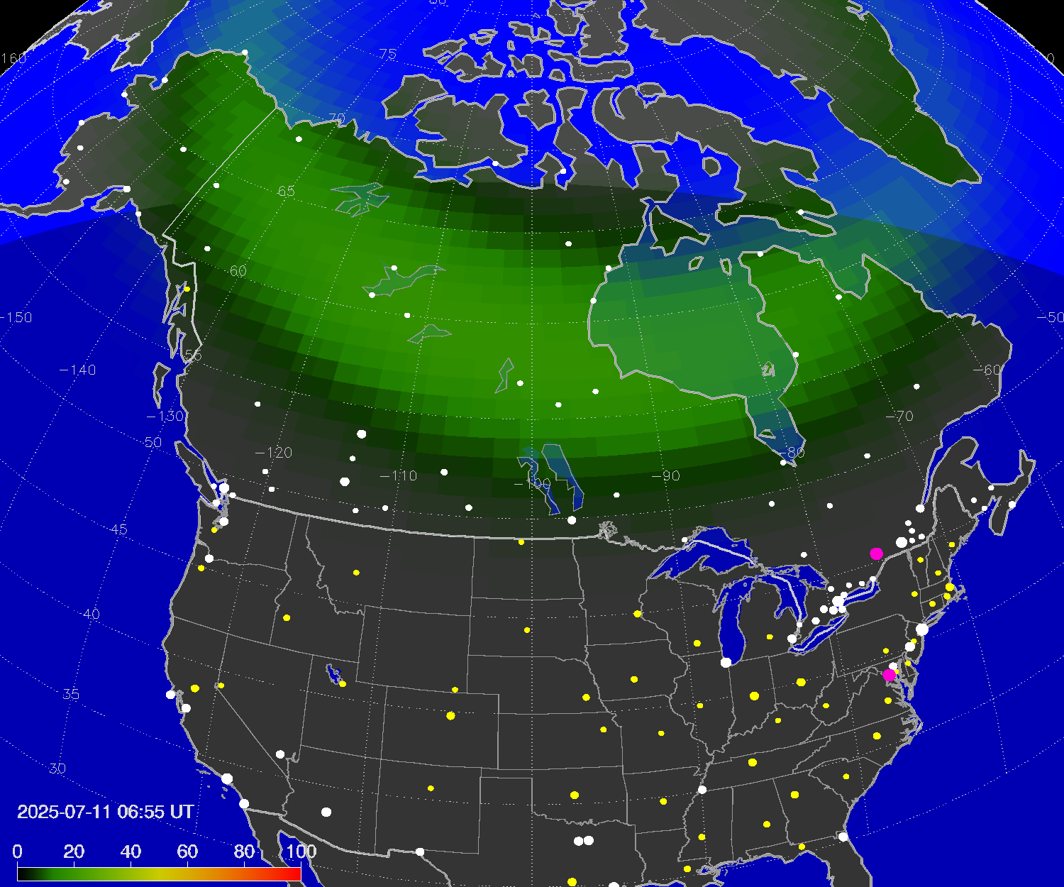 Northern lights (auroras) over North America