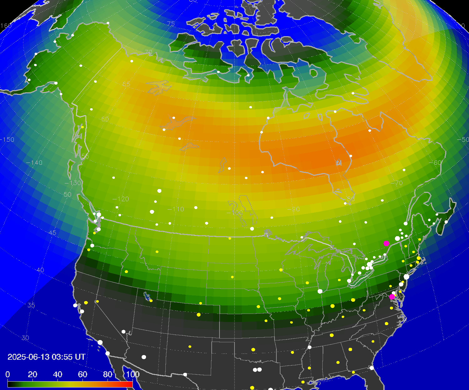 Northern lights (auroras) over North America