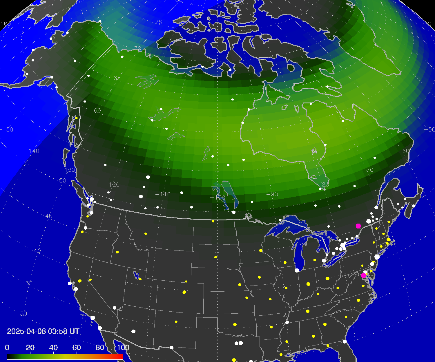 Northern lights (auroras) over North America