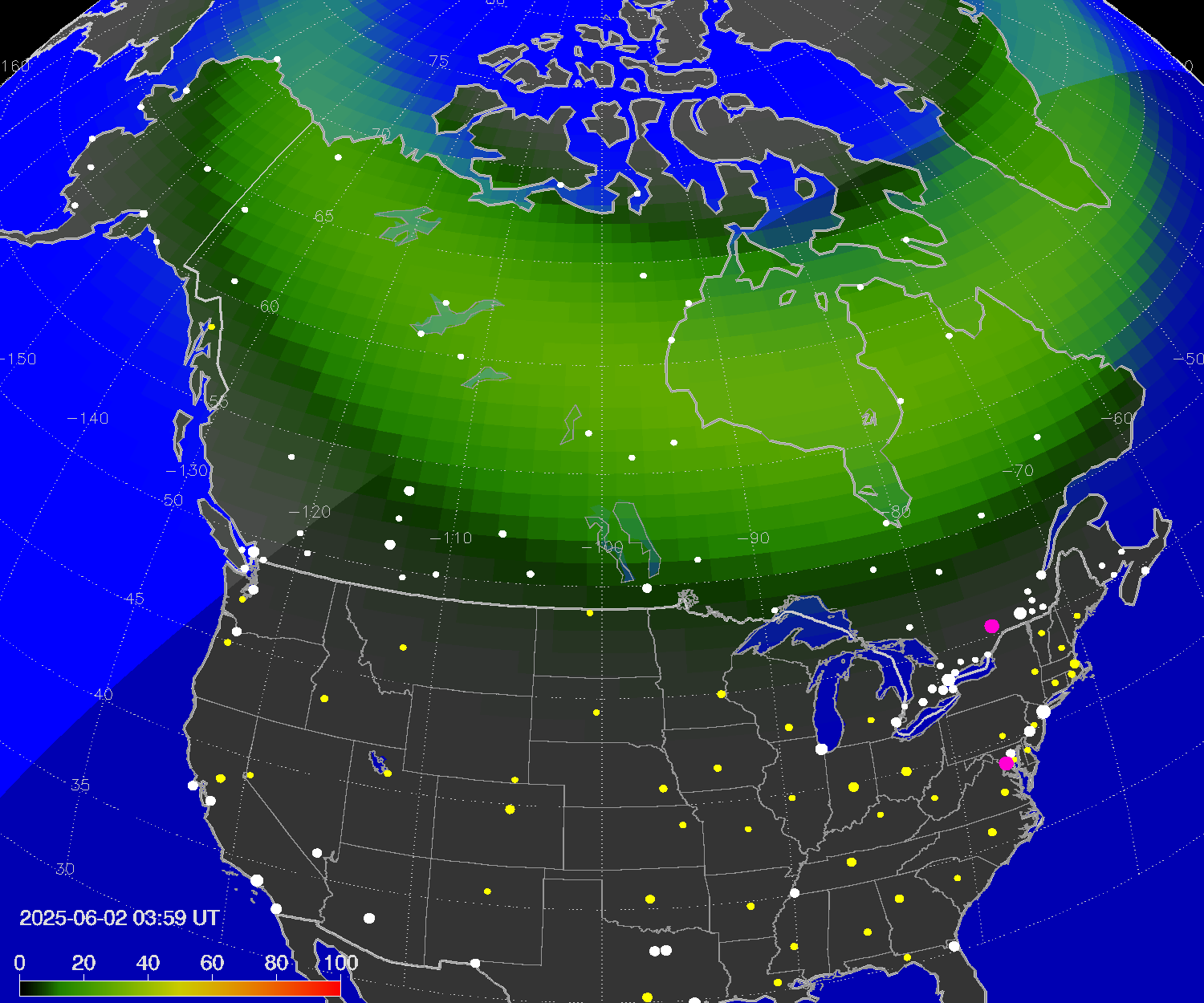 Northern lights (auroras) over North America