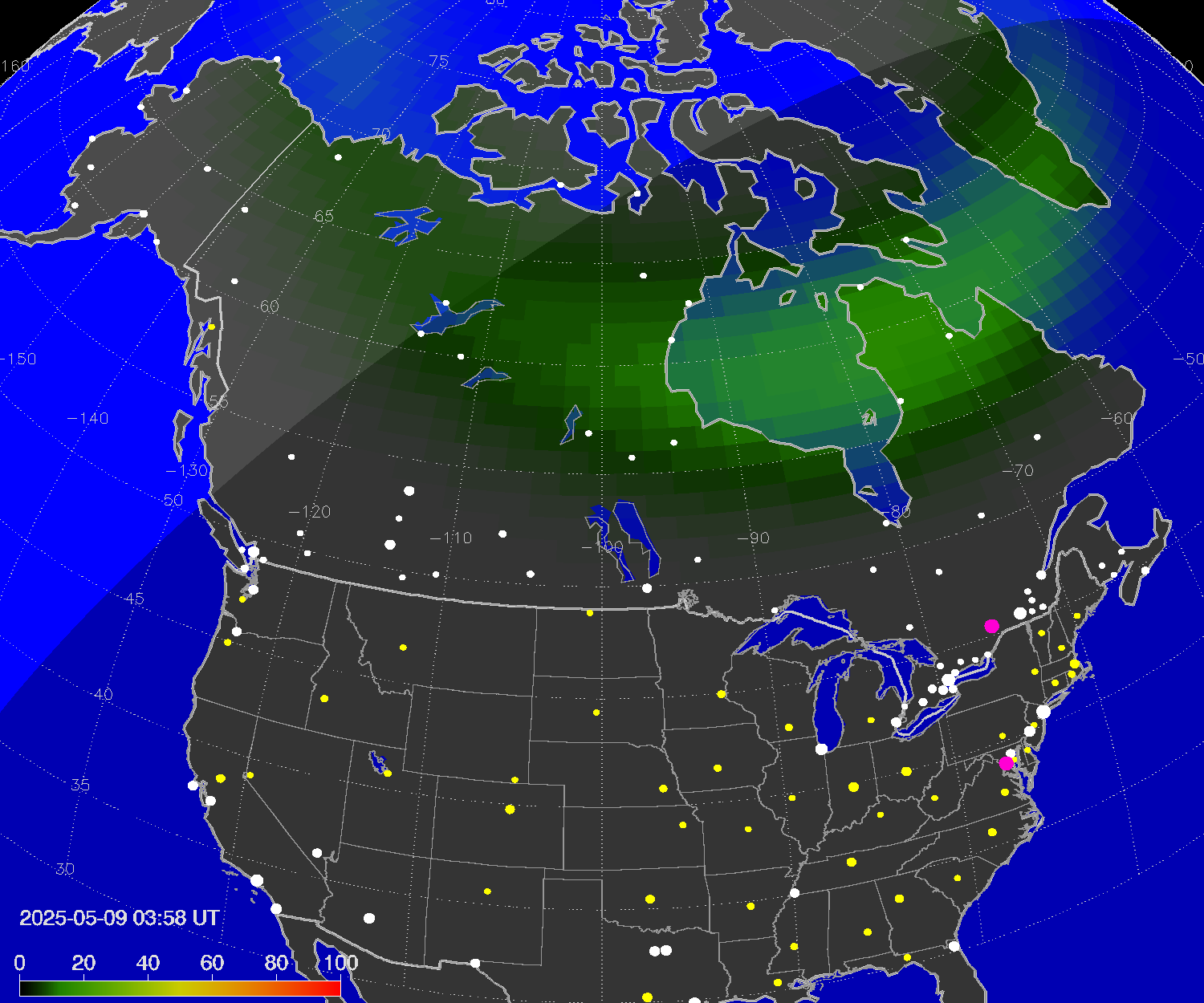 Northern lights (auroras) over North America