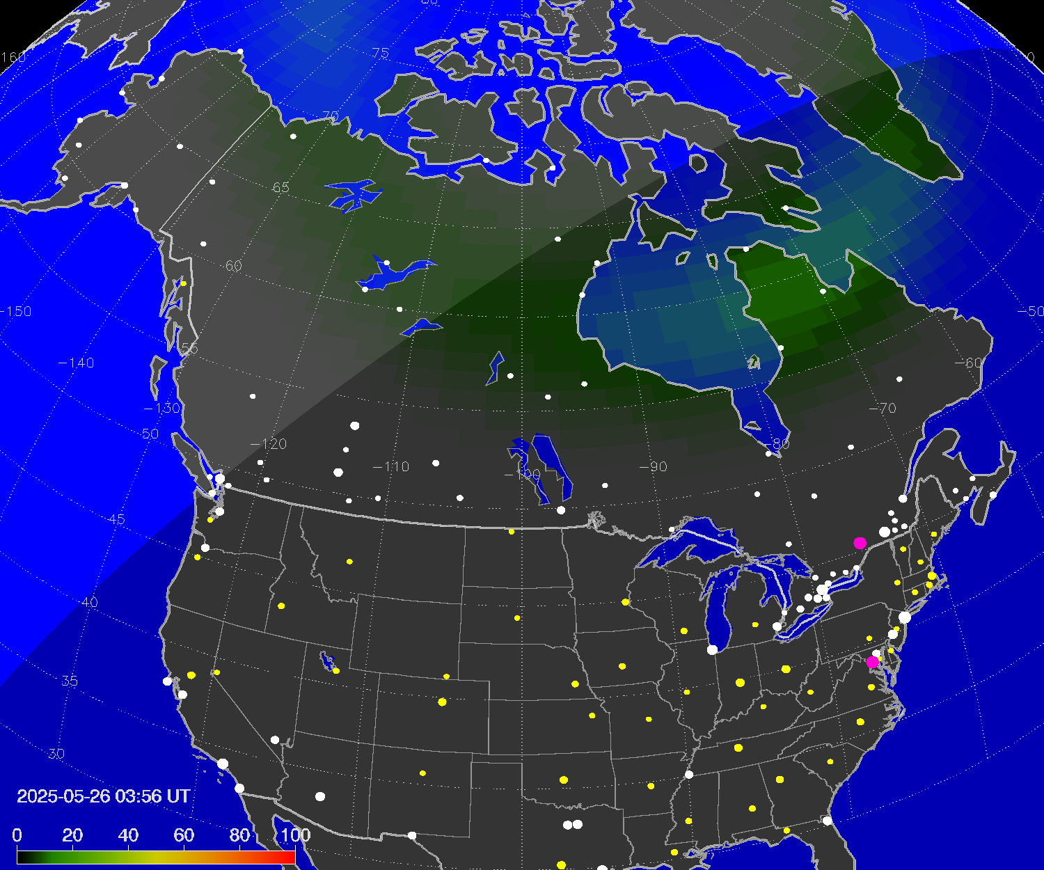 Northern lights (auroras) over North America
