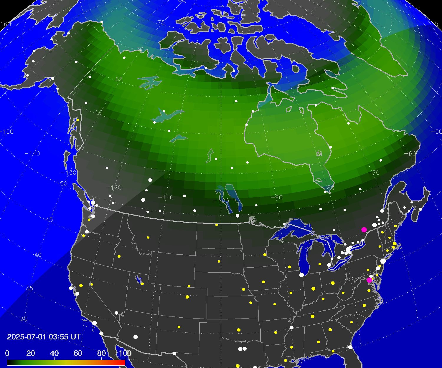 Northern lights (auroras) over North America
