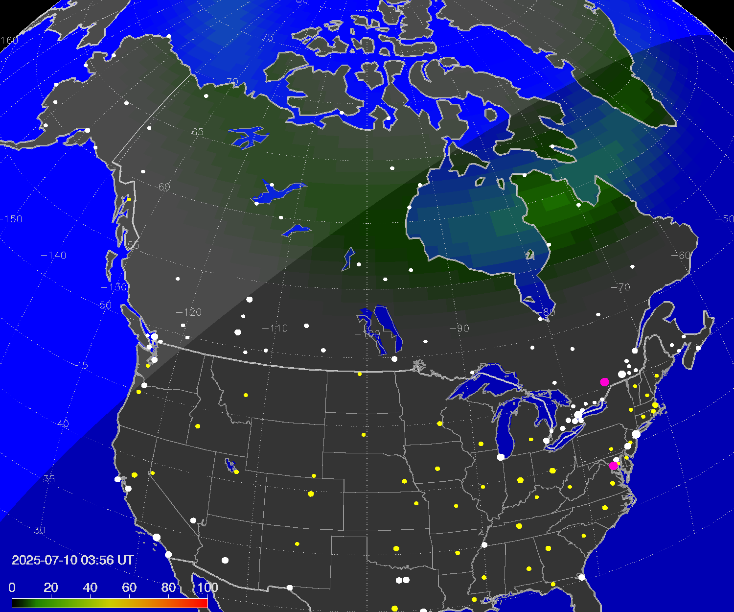 Northern lights (auroras) over North America