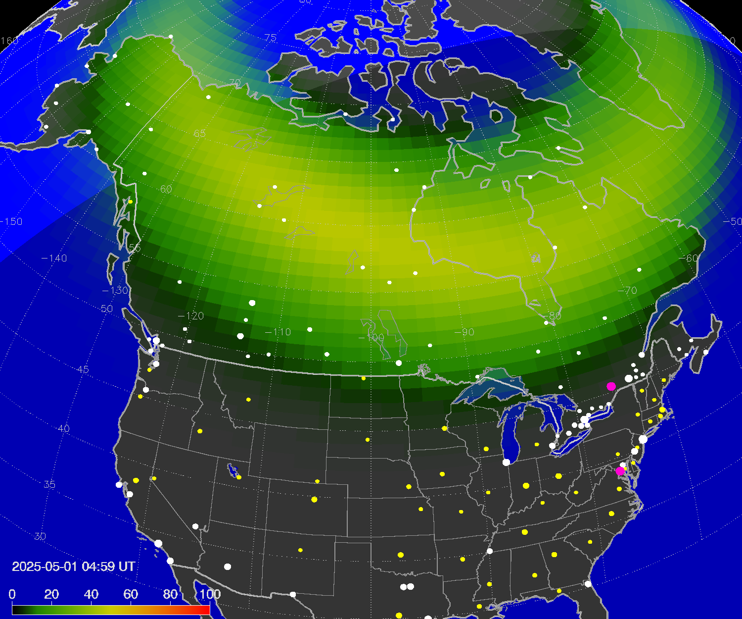 Northern lights (auroras) over North America