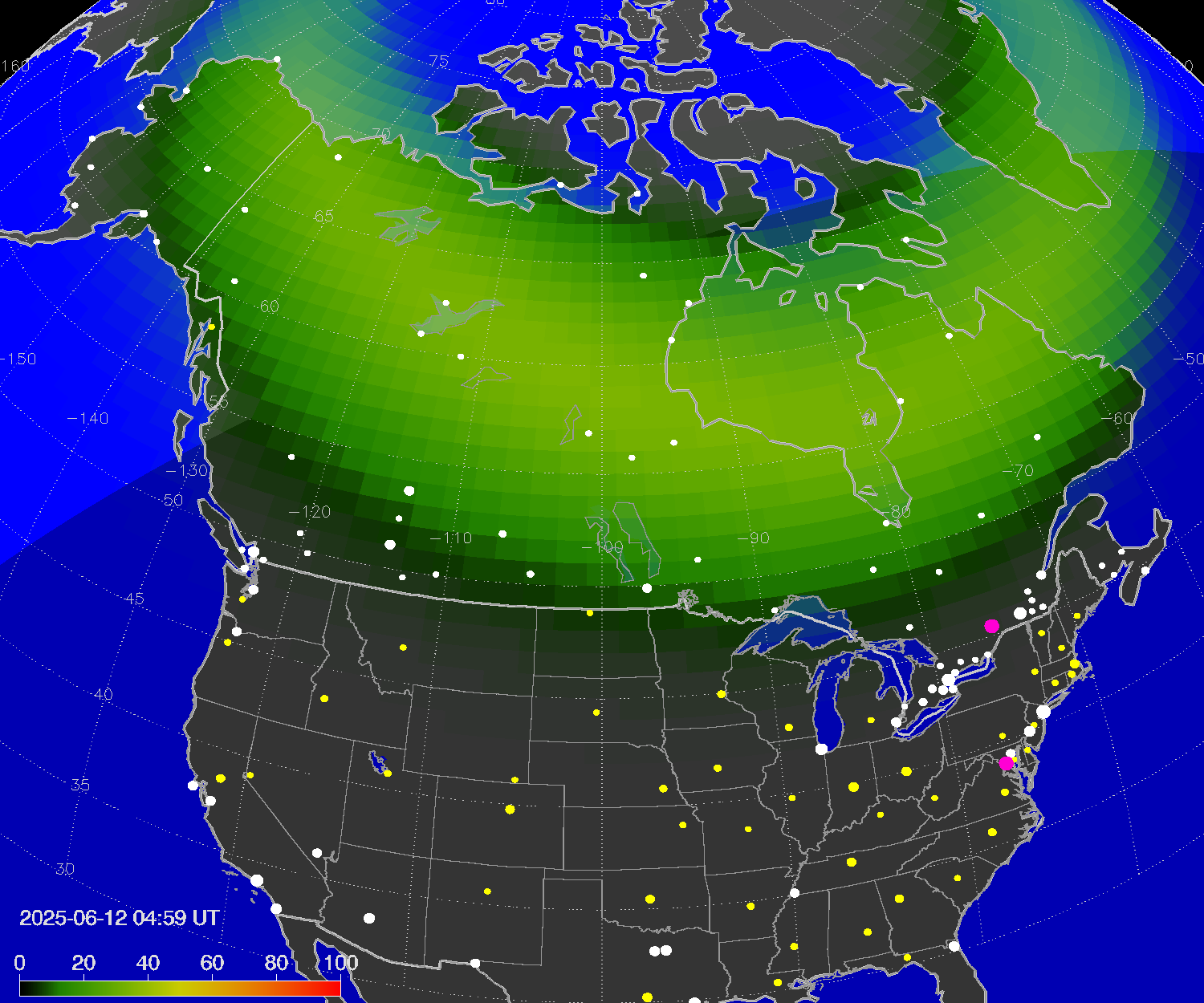 Northern lights (auroras) over North America
